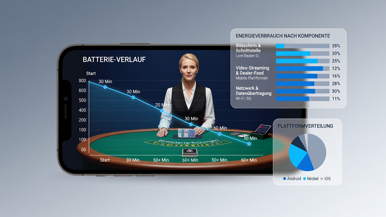 Diagramm zeigt Akku-Entladung während einer Live-Dealer-Roulette-Session auf einem Tablet
