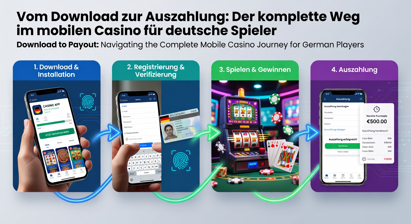 Ablaufdiagramm des Mobile-Casino-Prozesses: Von App-Download über Einzahlung und Spielen bis hin zur Auszahlung, mit Fokus auf deutsche Regulierungen