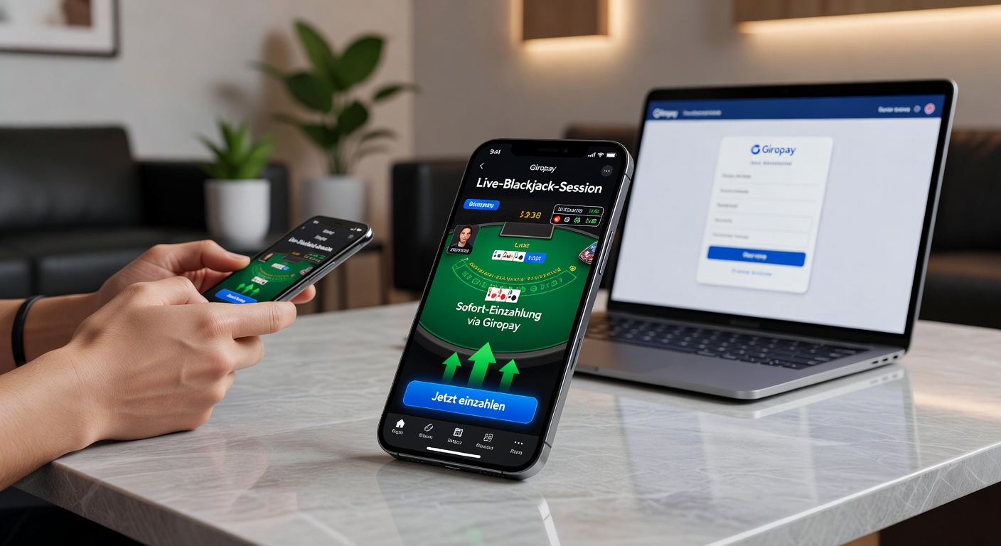Live-Blackjack-Tisch auf Smartphone-Bildschirm mit Giropay-Blitz-Einzahlungsbestätigung und Dealer im Hintergrund