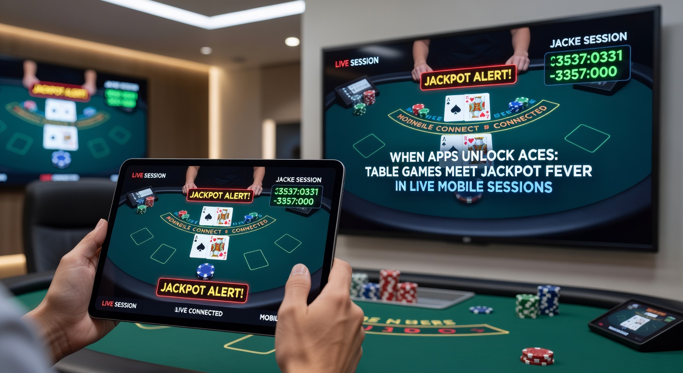 Nahaufnahme eines mobilen Live-Casino-Tisches mit Jackpot-Anzeige, Dealer-Hand mit Assen und aufsteigendem Progressiv-Pot auf dem Bildschirm